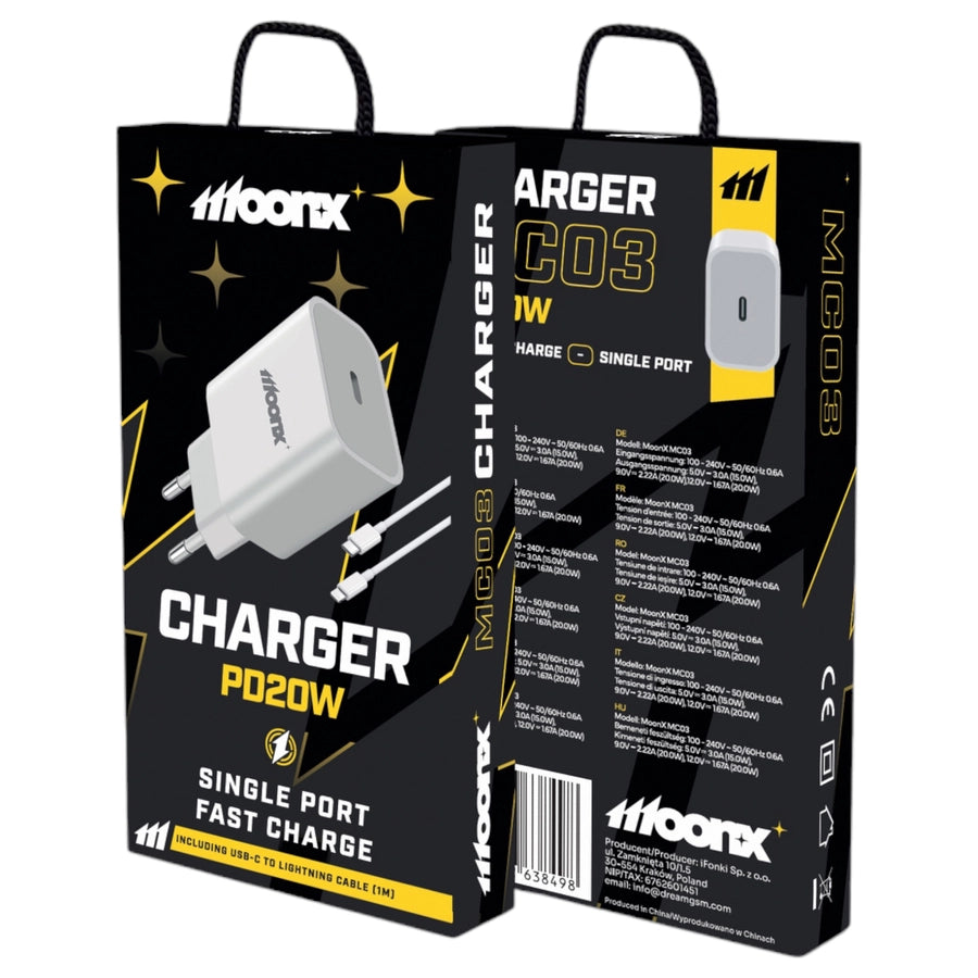 MOONX wall charger MC03 PD 20W 1xUSB-C + cable USB-C - Lightning White