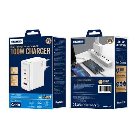 JELLICO wall charger C118 GaN PD 100W 2xUSB-C + 1xUSB QC3.0 White