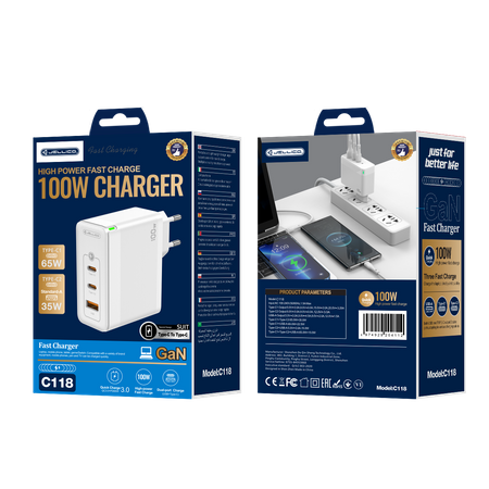 JELLICO wall charger C118 GaN PD 100W 2xUSB-C + 1xUSB QC3.0 + cable USB-C