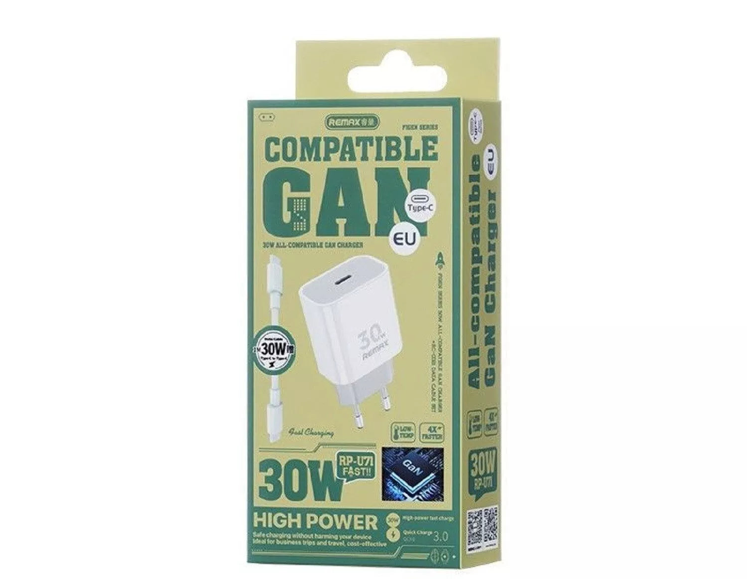 Remax, Charger Figen Series 30W GaN USB-C + USB-C/C Cable 1M White