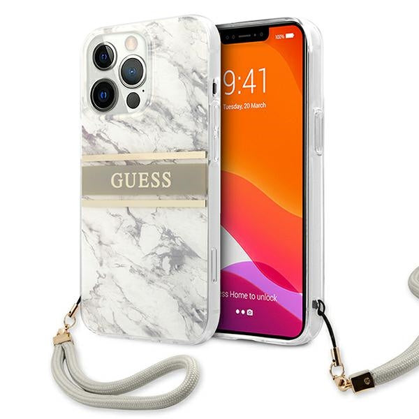 iPhone 13 Pro Max - Hard Case Pink Marble Design And Stripe With Strap Guess