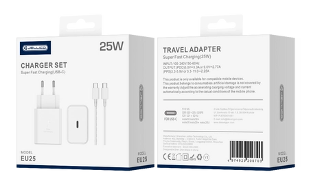 JELLICO wall charger EU25 PD 25W 1xUSB-C + cable USB-C - USB-C White