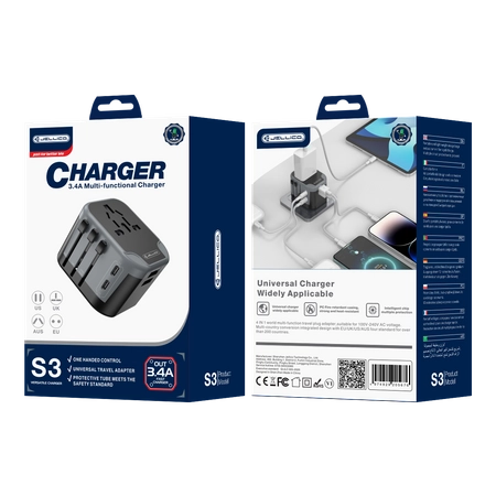 JELLICO universal travel adapter S3 3.4A Max 2400W Black