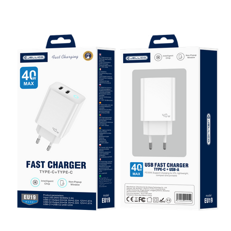 JELLICO wall charger EU19 GaN PD 40W 2xUSB-C White