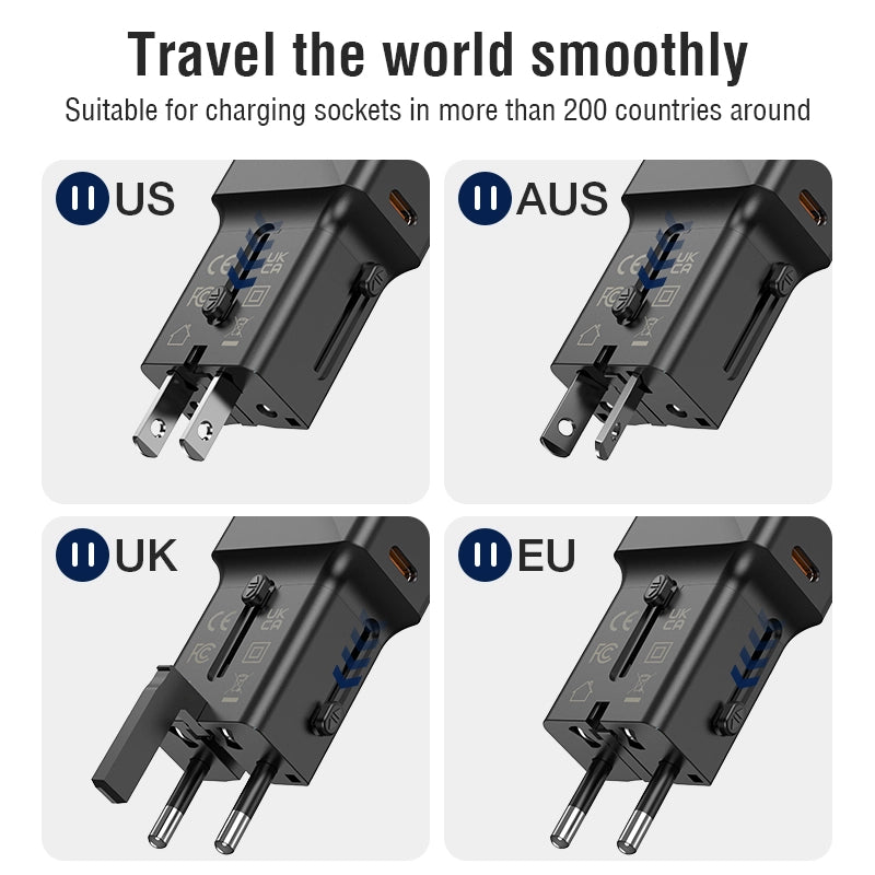 JELLICO universal travel adapter S6 PD 25W 1xUSB-C + 1xUSB QC3.0 Black