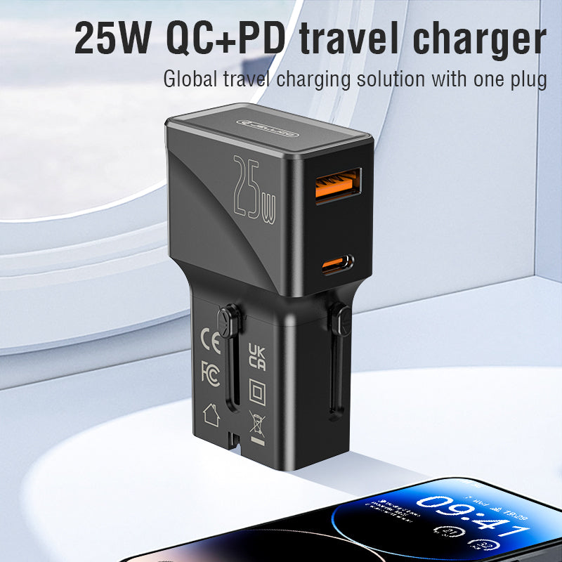 JELLICO universal travel adapter S6 PD 25W 1xUSB-C + 1xUSB QC3.0 Black