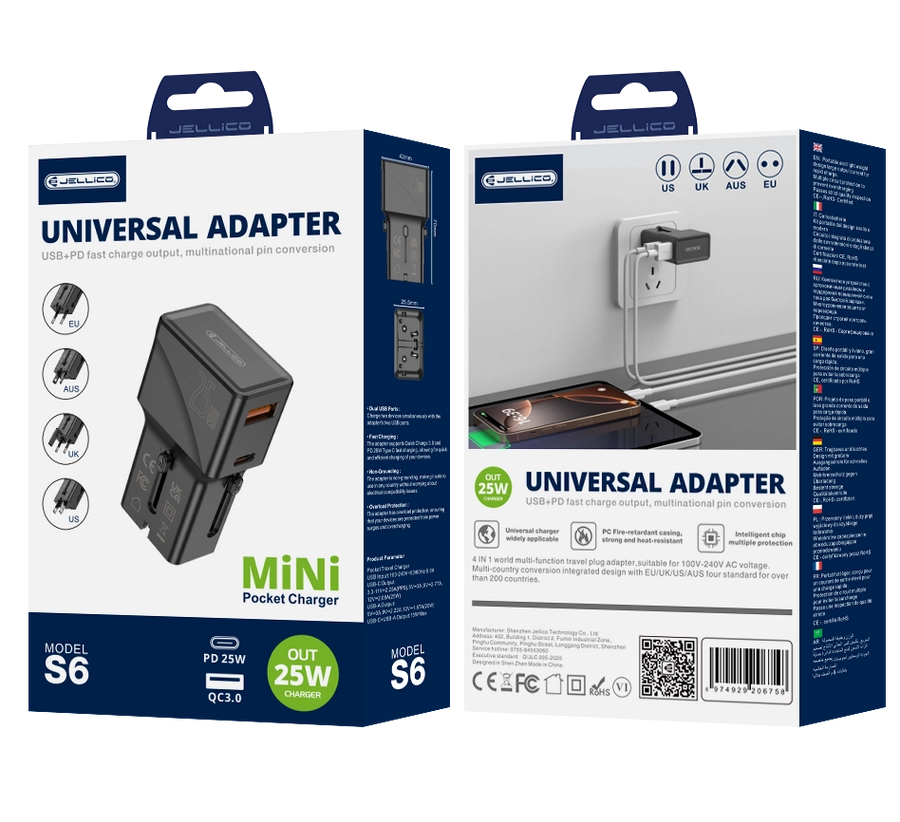 JELLICO universal travel adapter S6 PD 25W 1xUSB-C + 1xUSB QC3.0 Black