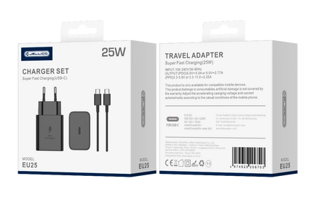 JELLICO wall charger EU25 PD 25W 1xUSB-C + cable USB-C - USB-C Black