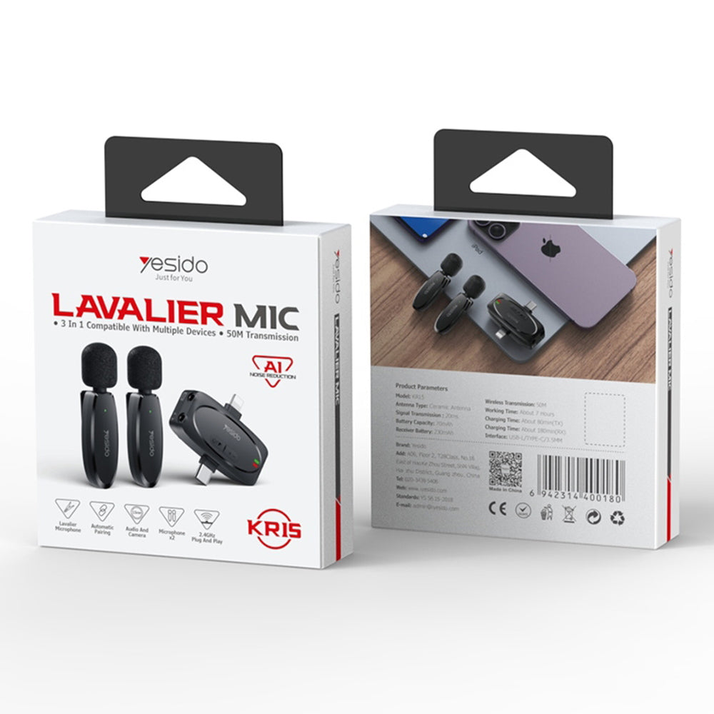 Yesido - (2 pack) Wireless Mic- 3 in 1 Receiver, Lighting, 3.5mm Jack- Black