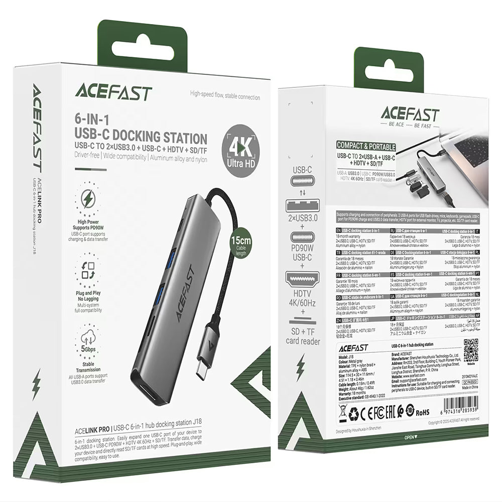 Acefast J18 Docking Station 6-in-1: USB-C to HDMI 4K, PD 90W, SD/TF & USB 3.0 -