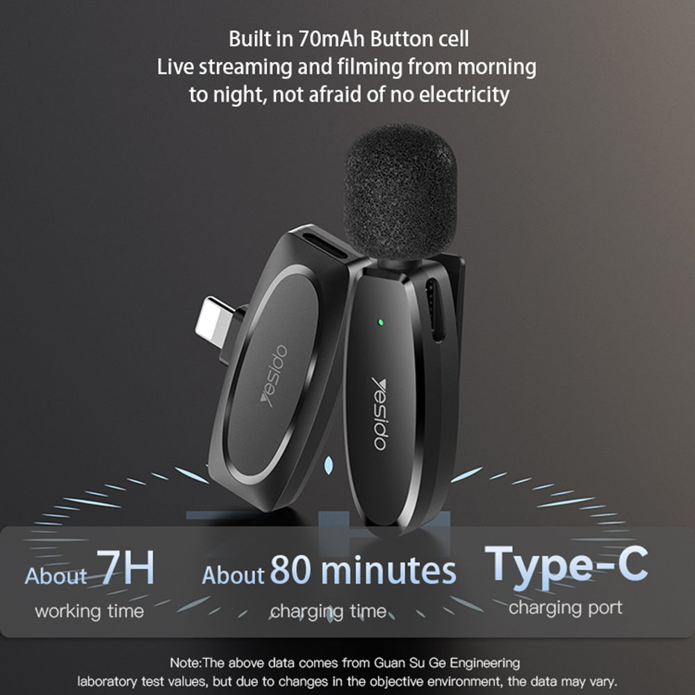 Yesido - (2 pack) Wireless Mic- 3 in 1 Receiver, Lighting, 3.5mm Jack- Black