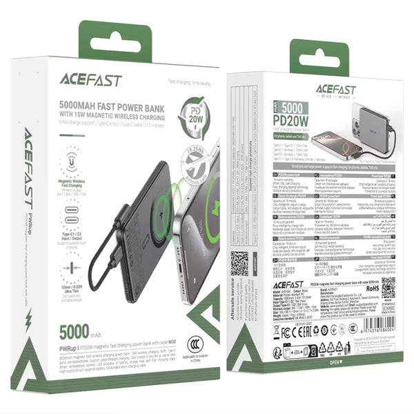 Acefast M30 MagSafe Power Bank 5000mAh 20W Ultra-thin, 2x USB-C & LED - Black