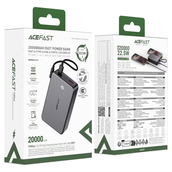 Acefast M29 Power Bank 20000mAh 22.5W: 2x USB-C & USB, Display & Thermal System
