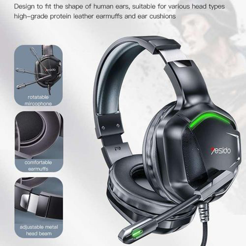 Yesido - Wired Headphones - Gaming, with Microphone, RGB LED - Black