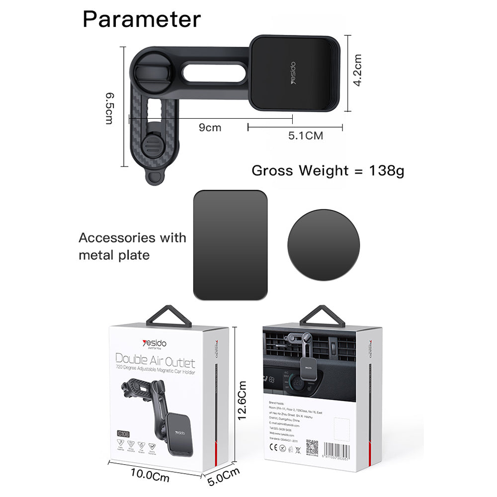 Yesido - Car Holder (C106) - Magnetic Grip, 360°, for Air Vent - Black