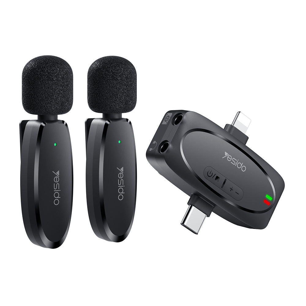 Yesido - (2 pack) Wireless Mic- 3 in 1 Receiver, Lighting, 3.5mm Jack- Black