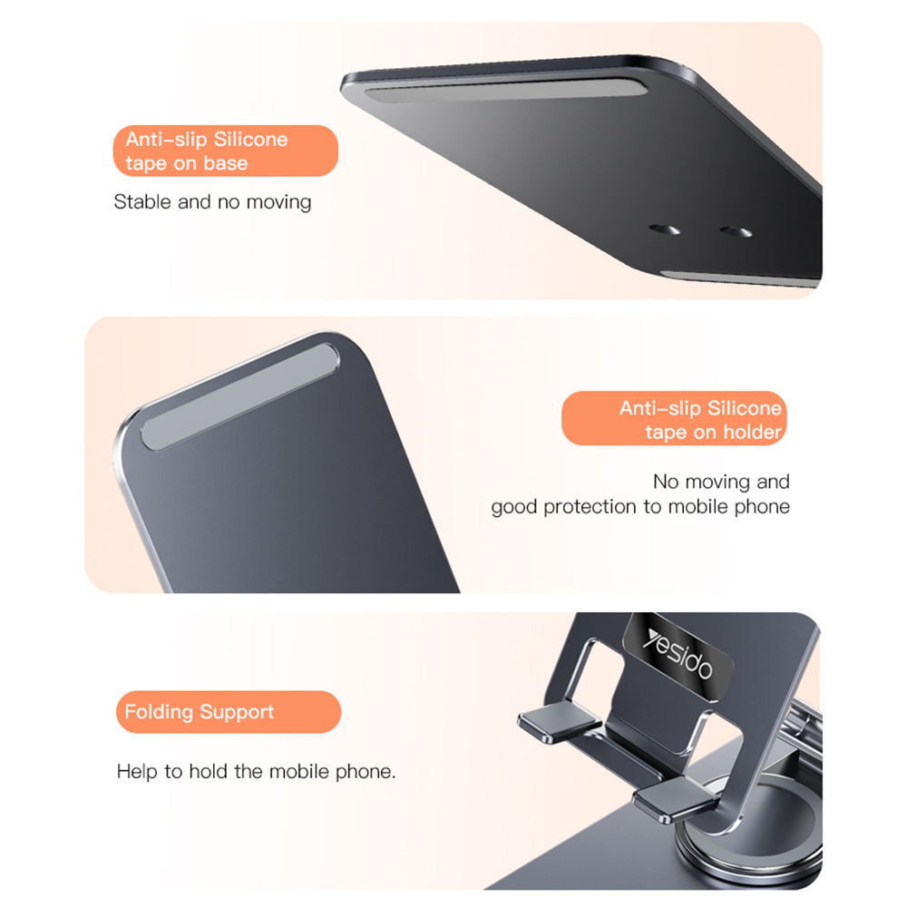 Yesido - Desk Holder - Phone, Tablet, Foldable, Aluminum Alloy - Grey