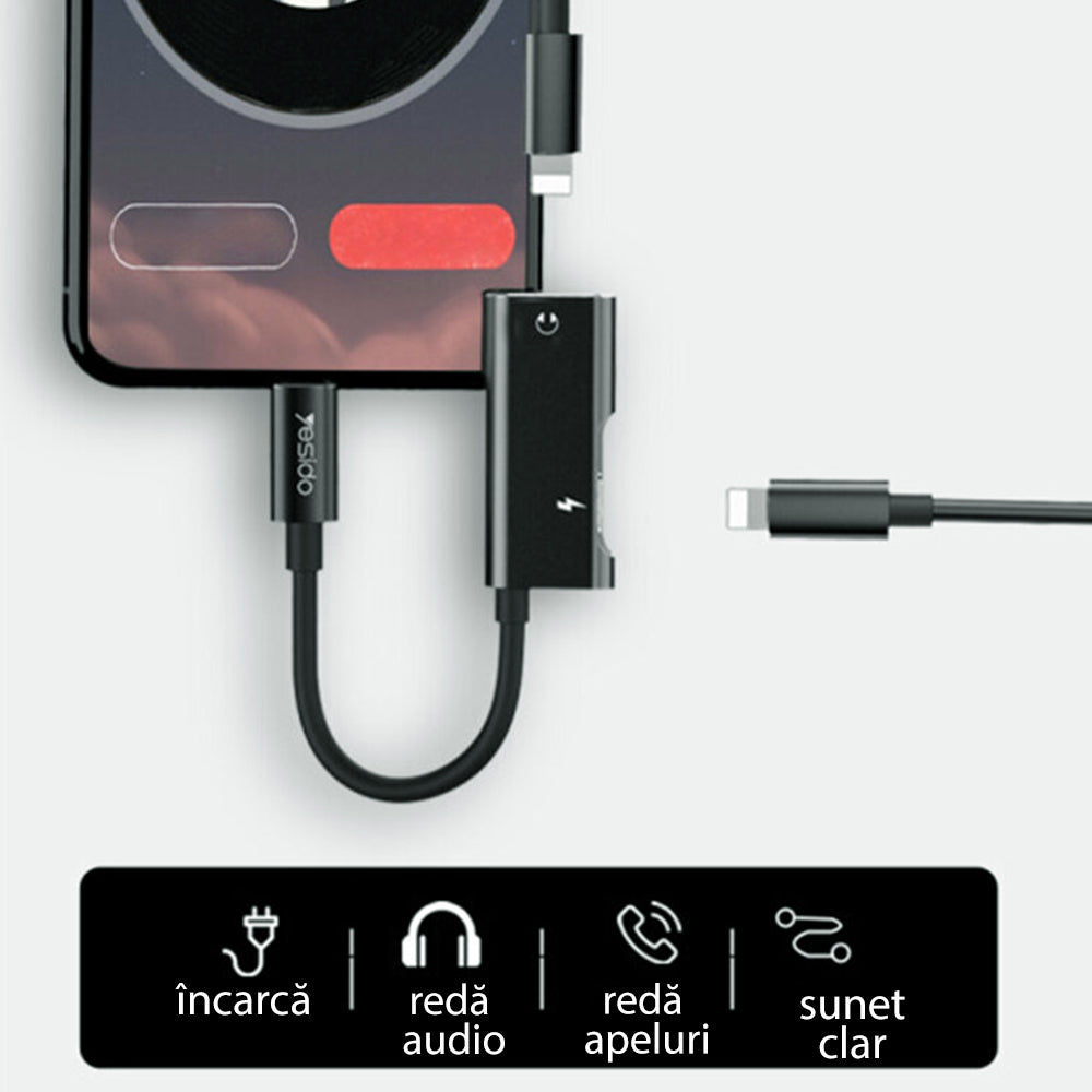 Yesido Audio Cable Adapter - Lightning to 2x Lightning - Black