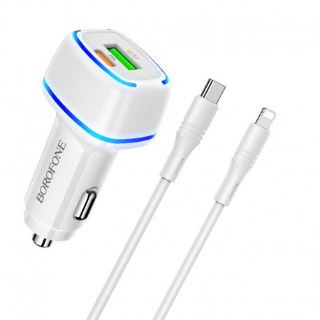 BOROFONE Car charger–BZ14A 20W PD USB-C+USB3.0 +cable USB-C to lightning White