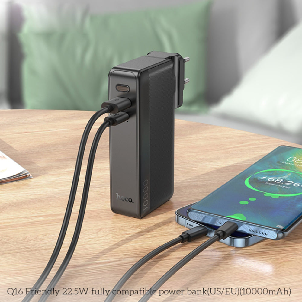 Hoco - Power Bank with US / EU Plug (Q16) - USB, Type-C, 22.5W, 10000mAh - Black